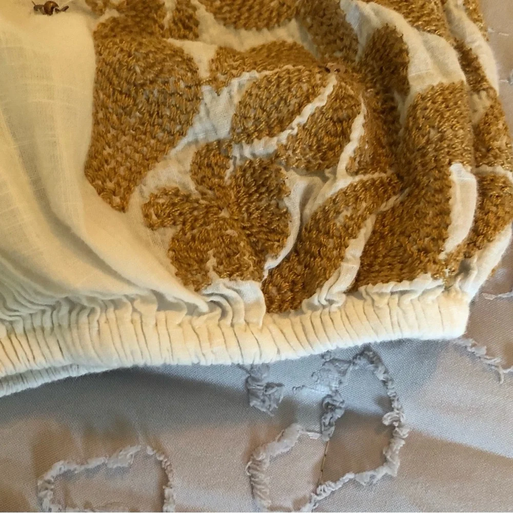 Anthropologie Cream and Brown Embroidered Blouse w/Embellishments Throughout